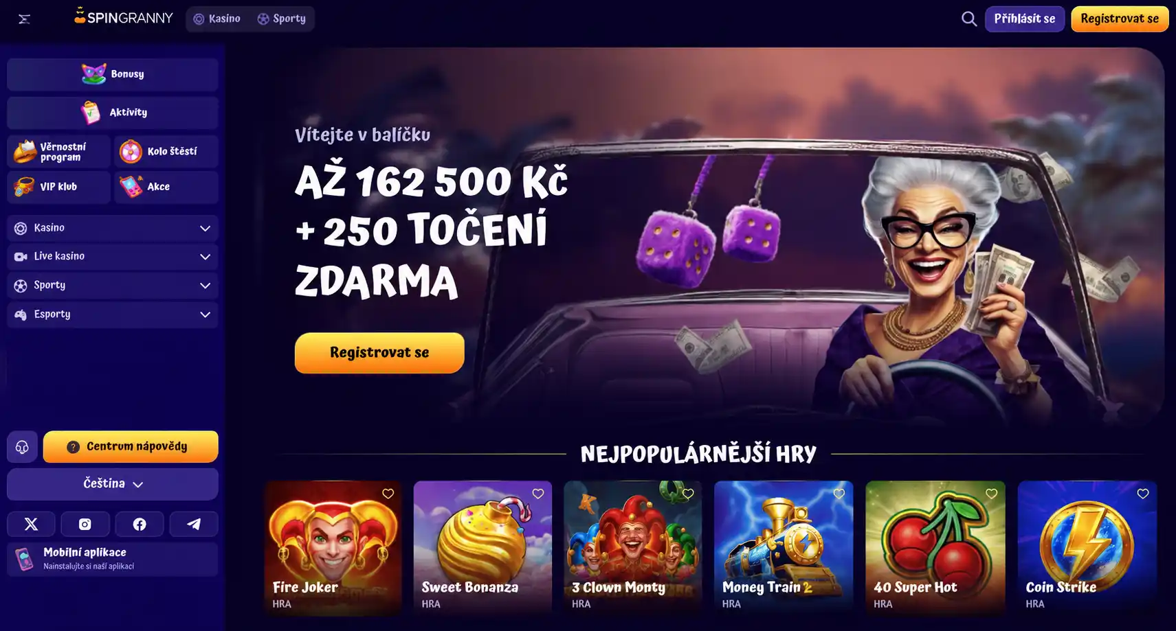 Úvodní stránka Spingranny Casino s českým rozhraním