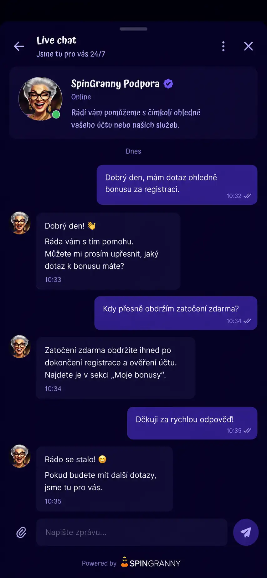 Live chat zákaznické podpory Spingranny