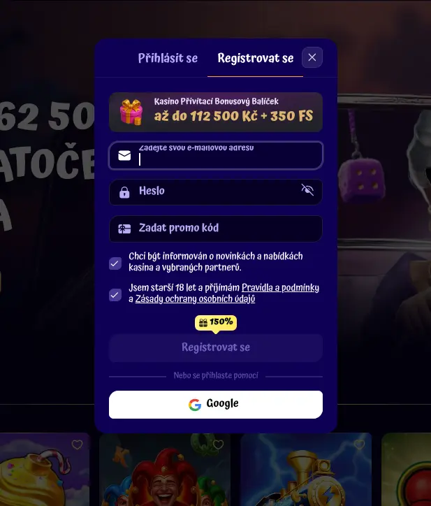 Registrační formulář Spingranny Casino
